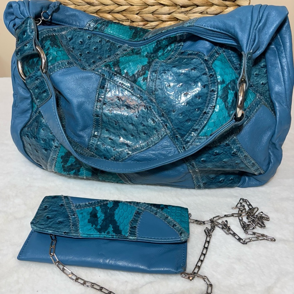 Vintage Y2k Blue and Teal Patchwork Bag Set